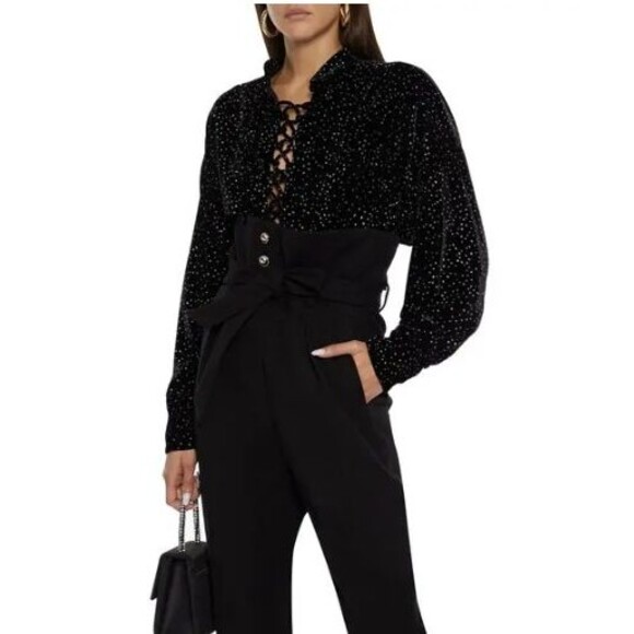 IRO Tops - IRO Paris Tepita Lace-Up Glitter Velvet Top Womens EU 38 US 6 Small Black Witchy